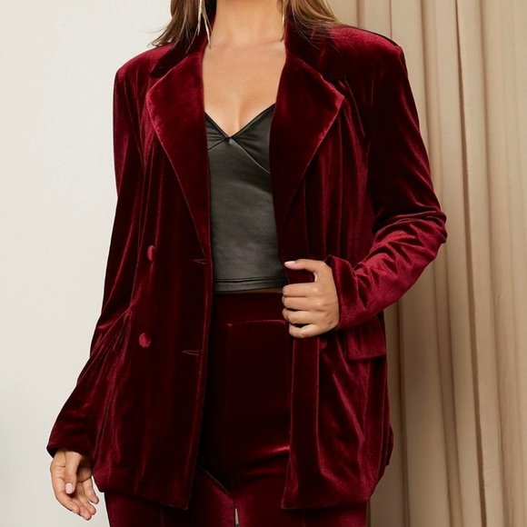. Jackets & Blazers - Maroon Elegant Womens Unity Double Button Velvet Blazer
